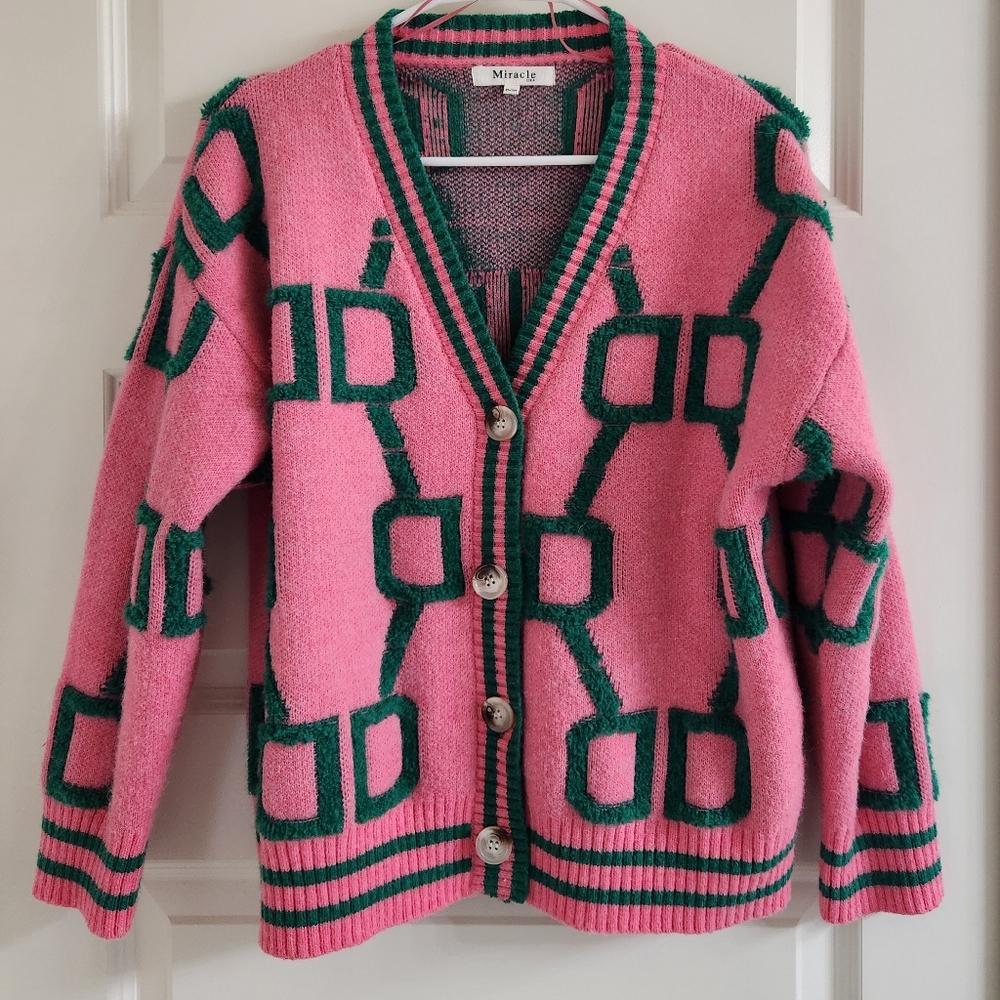 Designer Inspired Pink/Green thick 3 button Cardigan New w/o tags